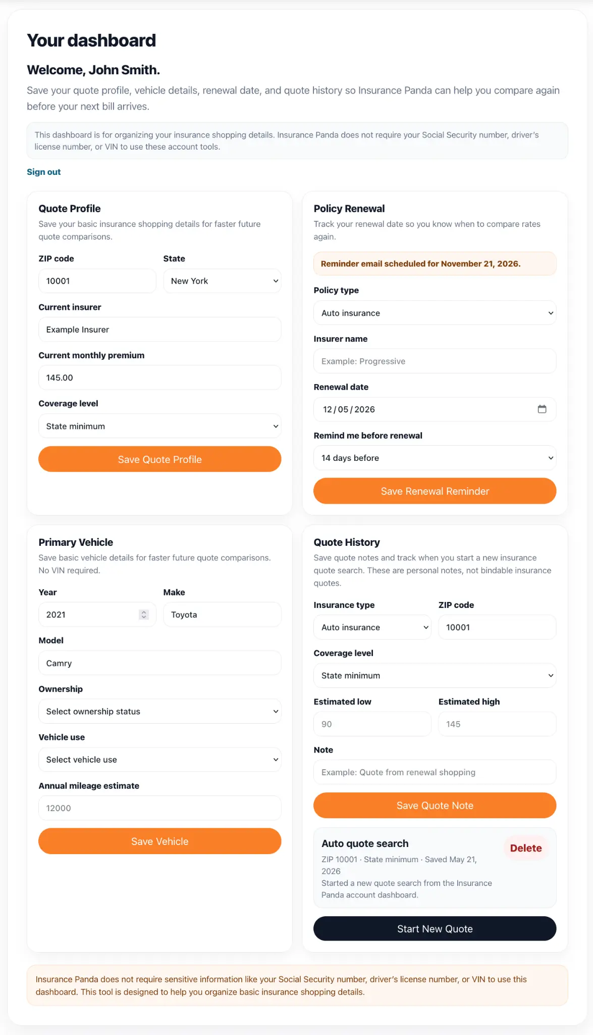 Insurance Panda dashboard showing quote profile, policy renewal reminder, vehicle details, and quote history
